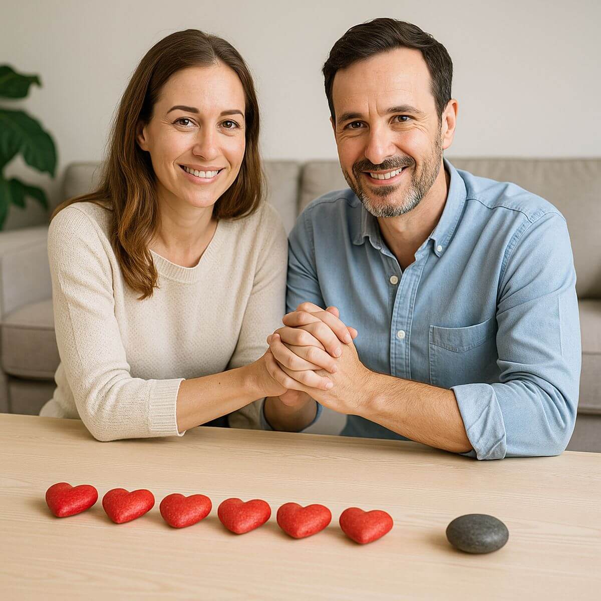 Paartherapie München – Symbolbild zur Gottman 5:1-Regel: Paar mit fünf roten Herzen und einem dunklen Stein, Fokus auf Wertschätzung und Paarberatung mit Daniel Urban