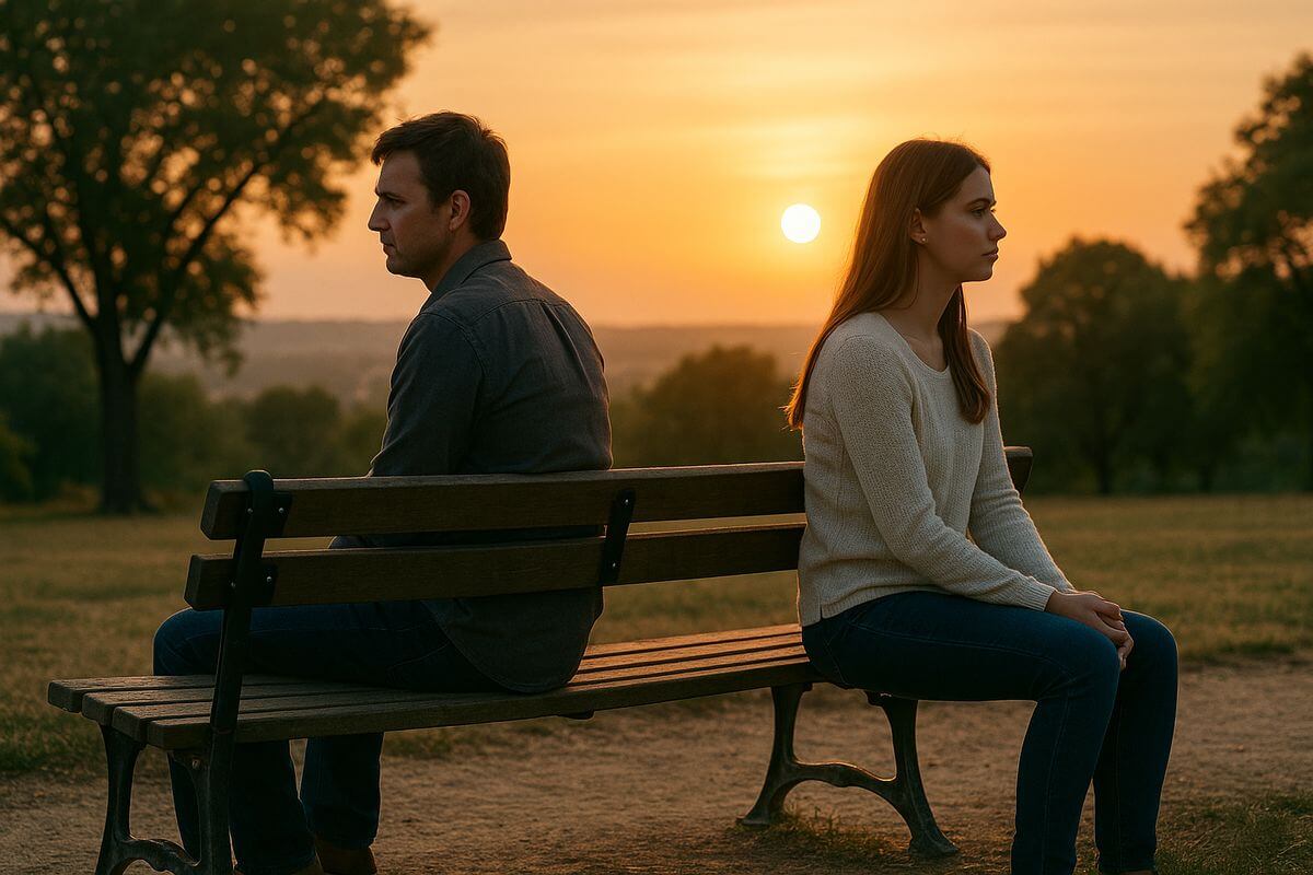 Paartherapie München – Paar sitzt auf Bank bei Sonnenuntergang, nachdenklich über Beziehung, Trennung oder Neubeginn in Liebe – Daniel Urban, Paarberater Schwabing / Milbertshofen