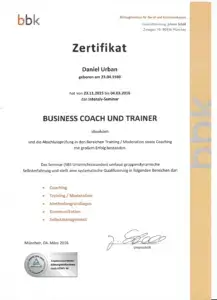 Zertifikat Business Coach und Trainer – Daniel Urban, Heilpraktiker für Psychotherapie und Business Coach in München Schwabing