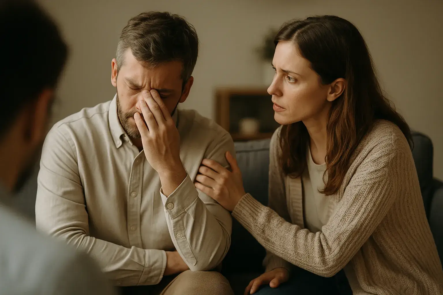 Ein Paar sitzt sich gegenüber, beide wirken nachdenklich – Symbol für Kommunikationskrise und emotionale Distanz in der Paartherapie in München.