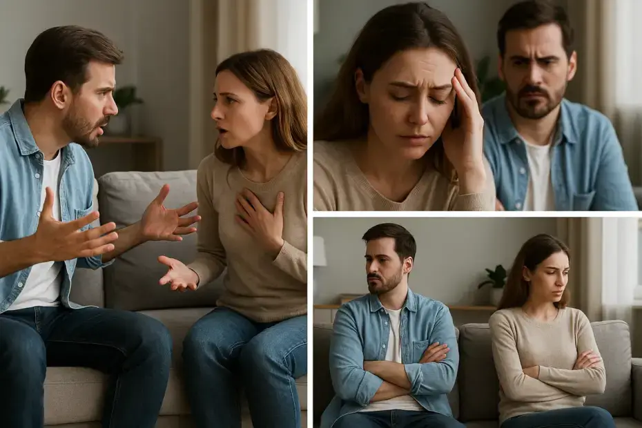 Ein Paar sitzt angespannt auf dem Sofa, beide wenden sich voneinander ab – symbolisch für verletzende Kommunikation in Beziehungen. Szene aus der Paartherapie in München, in der Paare lernen, wieder in Verbindung zu kommen