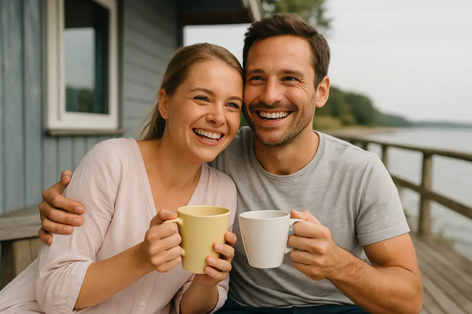 Glückliches Paar bei Sonnenlicht am See – Symbol für nährende & wertschätzende Beziehung. Innere Arbeit, äußere Klarheit. Arbeit an Nähe, Vertrauen und gelingende Kommunikation sind oft Arbeitsfelder in der Paartherapie, Paartberatung und Paarcoaching bei Daniel Urban in München (Schwabing, Maxvorstadt)