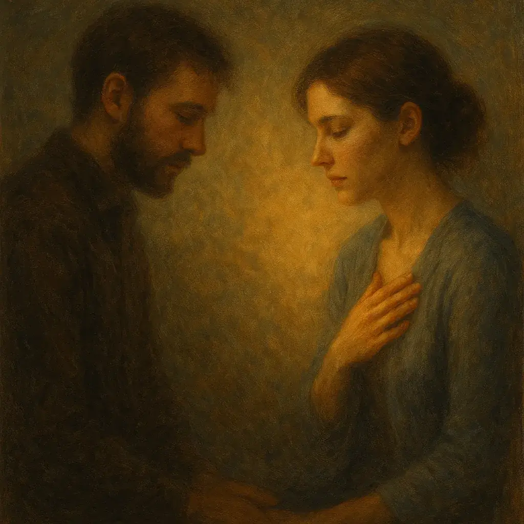 Symbolisches Gemälde eines Paares, das sich achtsam begegnet – Sinnbild für Verantwortung und emotionale Reife in der Paartherapie in München.