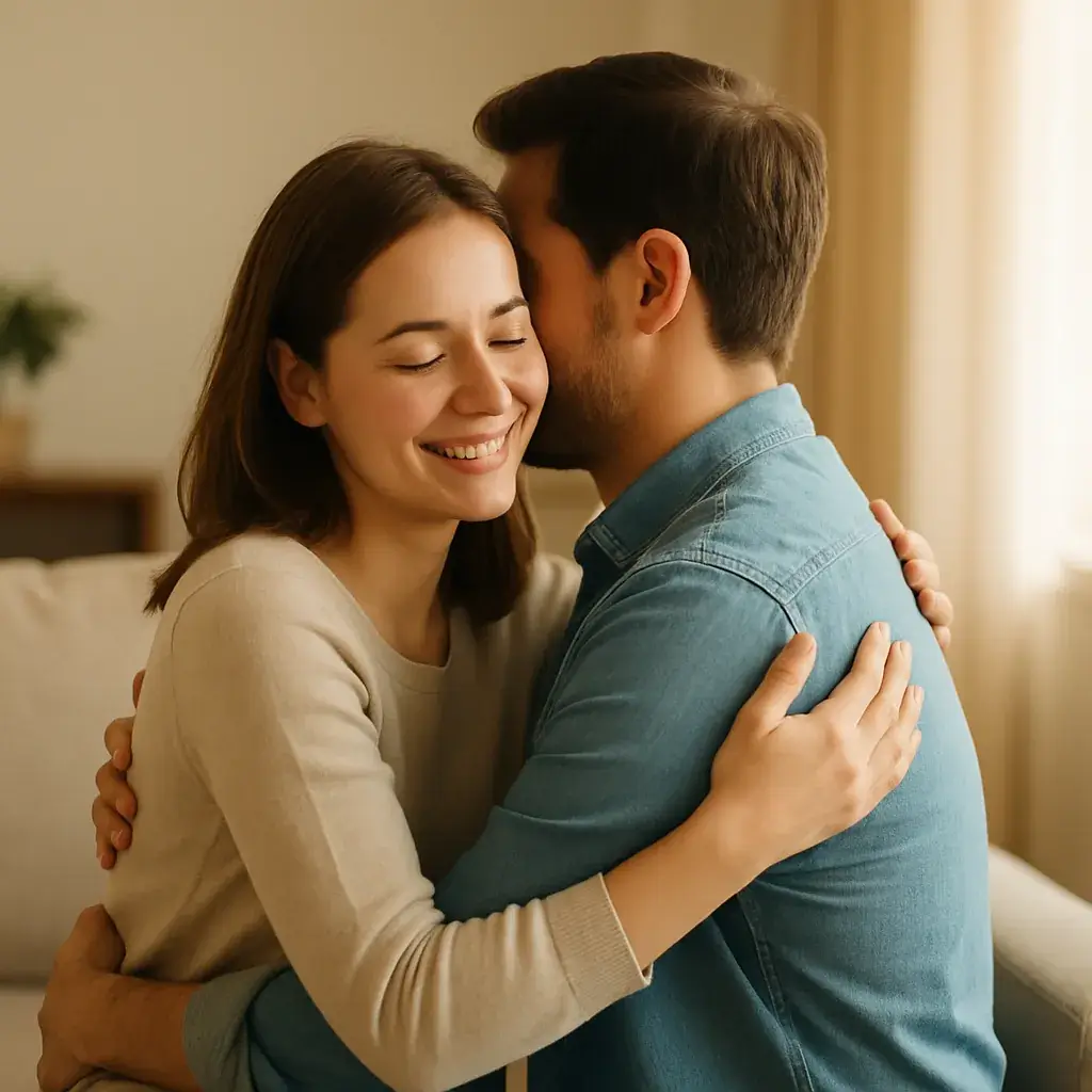 Ein Paar umarmt sich in warmem Licht – Symbol für neue Verbindung, Vertrauen und gelungene Kommunikation in der Paartherapie in München.