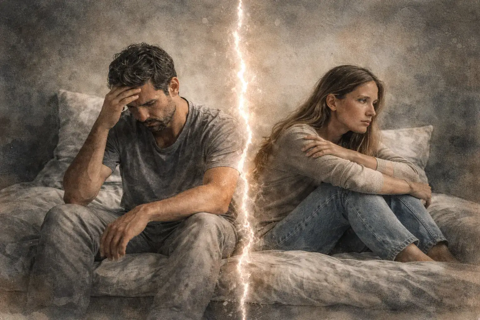 Gemaltes Paar in emotionaler Distanz als künstlerische Darstellung von Traumafolgen in Beziehungen