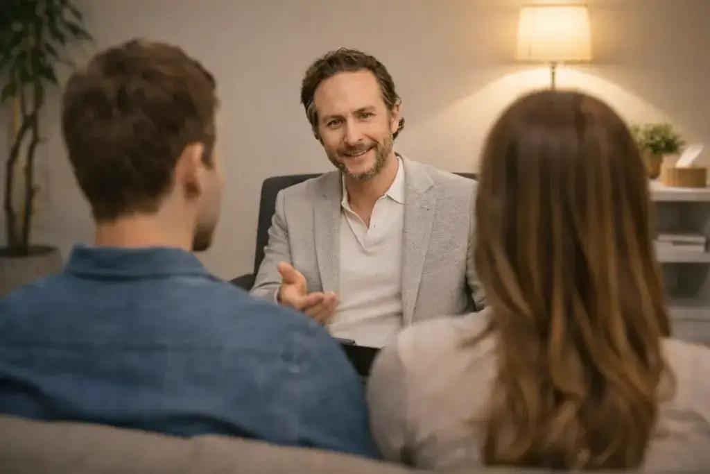 Daniel Urban im Gespräch mit einem Paar in seiner Praxis für Paartherapie und Traumatherapie in München