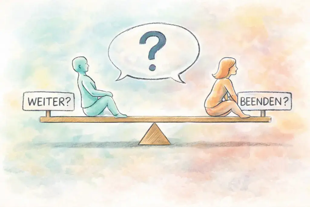 Pastellillustration zur Paartherapie: Zwei Menschen sitzen auf einer Waage zwischen den Optionen „Weiter?“ und „Beenden?“ – Symbol für Entscheidung und Verantwortung in Beziehungen.