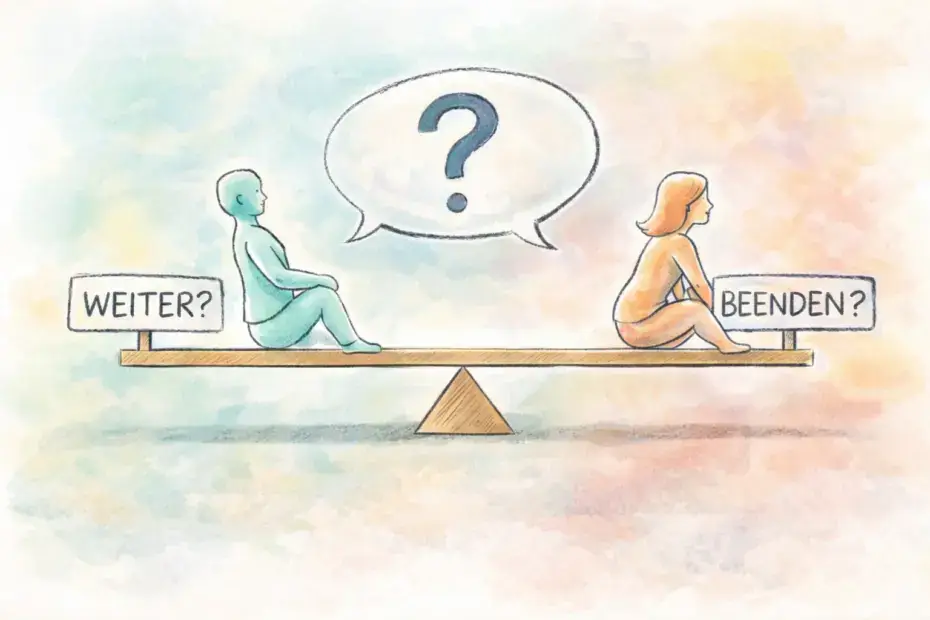 Pastellillustration zur Paartherapie: Zwei Menschen sitzen auf einer Waage zwischen den Optionen „Weiter?“ und „Beenden?“ – Symbol für Entscheidung und Verantwortung in Beziehungen.