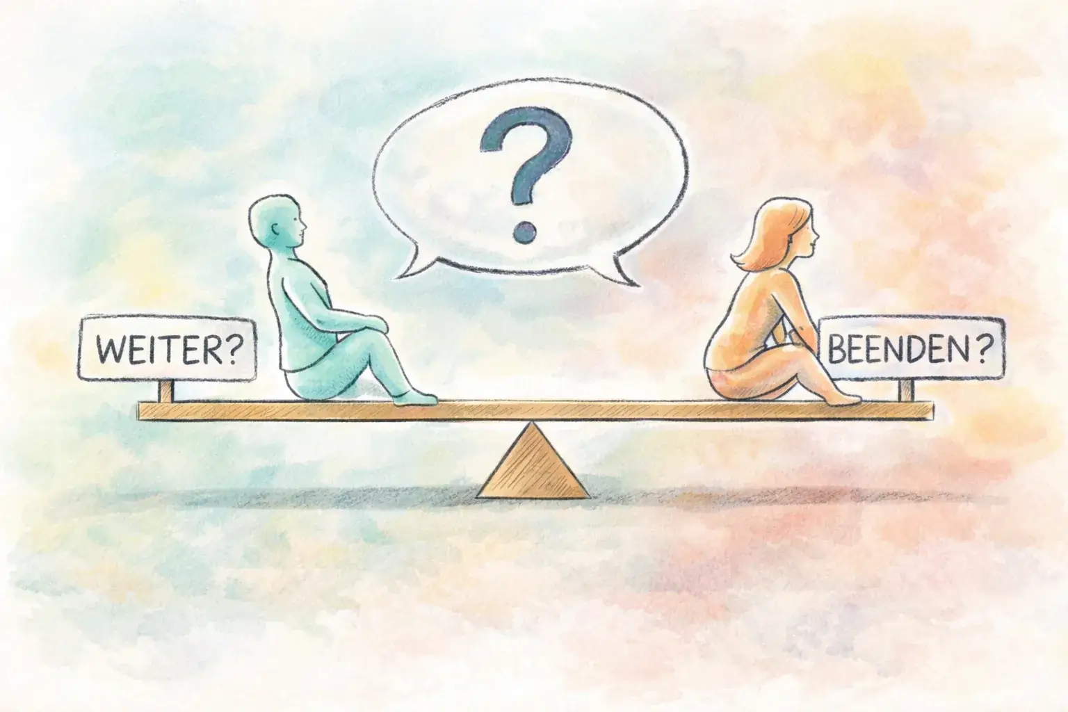 Pastellillustration zur Paartherapie: Zwei Menschen sitzen auf einer Waage zwischen den Optionen „Weiter?“ und „Beenden?“ – Symbol für Entscheidung und Verantwortung in Beziehungen.