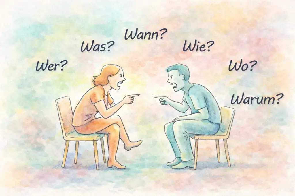 Pastellillustration eines streitenden Paares auf zwei Stühlen, umgeben von offenen Fragen – Symbol für die Entscheidung zwischen Weitergehen oder respektvoller Trennung in der Paartherapie