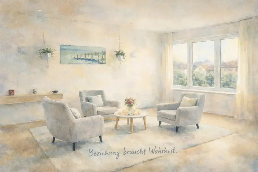 Pastellige Illustration eines ruhigen Praxisraums für Paartherapie bei Paartherapeut Daniel Urban in München – ein Raum für Wahrheit, Entscheidung und respektvolle Trennung oder Neubeginn